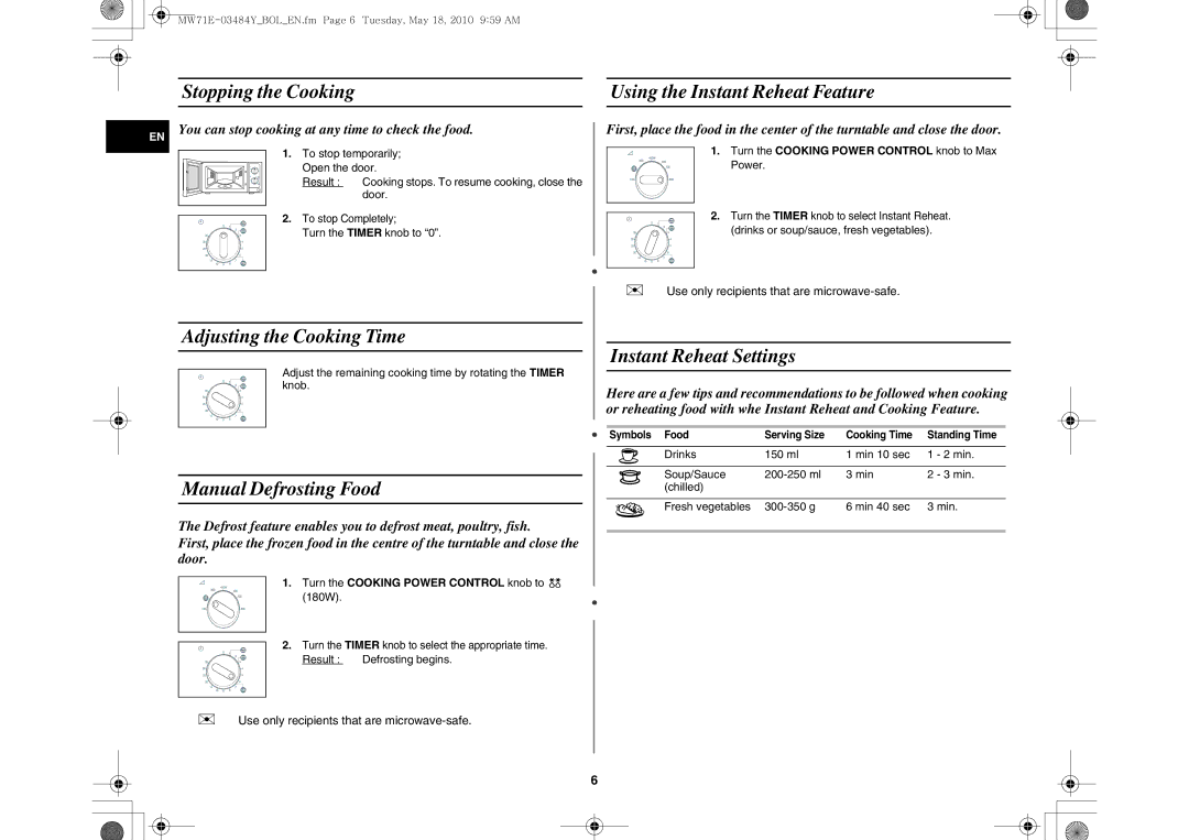 Samsung MW71E/BOL, MW71E/XEH manual Stopping the Cooking Using the Instant Reheat Feature, Adjusting the Cooking Time 