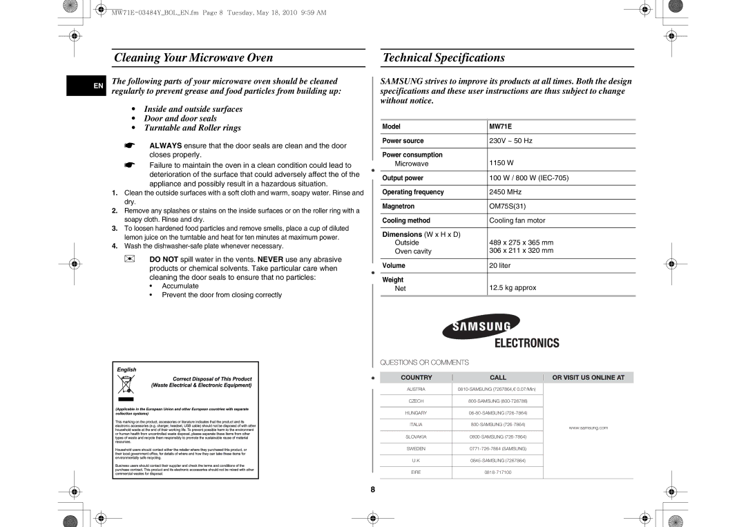 Samsung MW71E/BOL, MW71E/XEH manual Cleaning Your Microwave Oven Technical Specifications, Dimensions W x H x D 