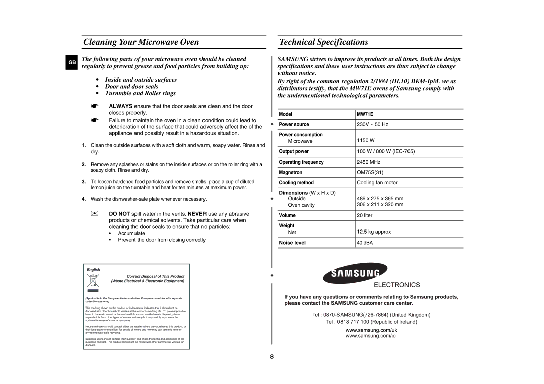 Samsung MW71E/BOL, MW71E/XEH manual Cleaning Your Microwave Oven, Technical Specifications 