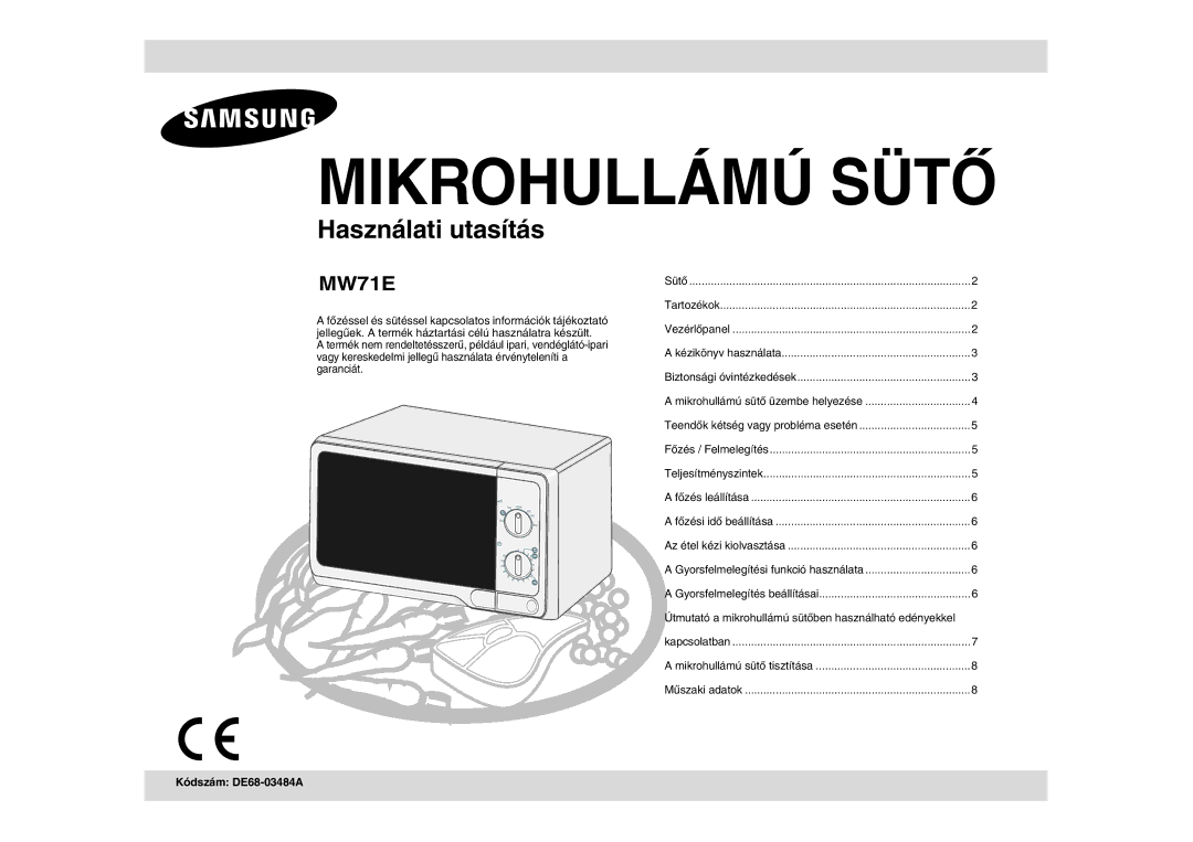 Samsung MW71E/XEH, MW71E/BOL manual Útmutató a mikrohullámú sütőben használható edényekkel, Kódszám DE68-03484A 