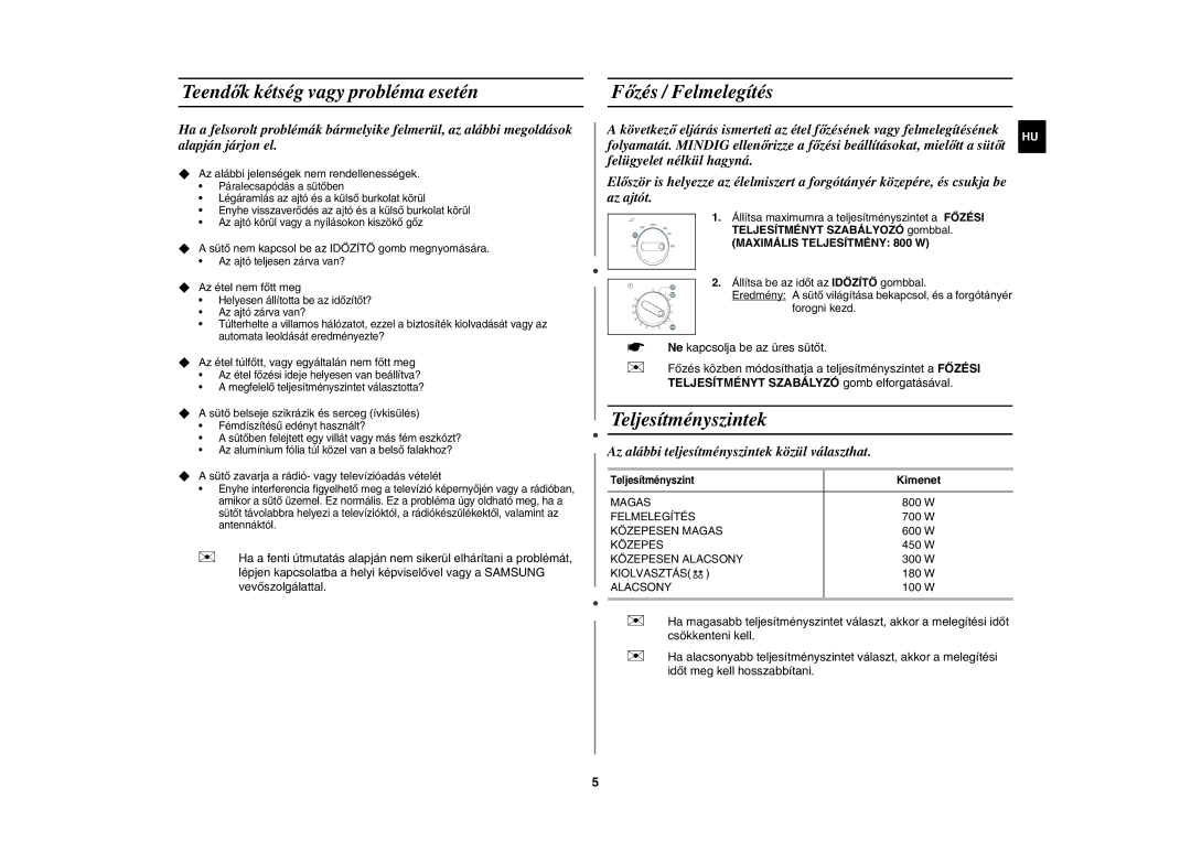 Samsung MW71E/XEH, MW71E/BOL manual Teendők kétség vagy probléma esetén, Főzés / Felmelegítés, Teljesítményszintek, Kimenet 