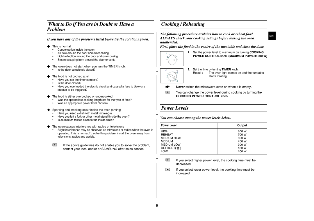 Samsung MW71E/BOL manual What to Do if You are in Doubt or Have a Problem, Cooking / Reheating, Power Levels 