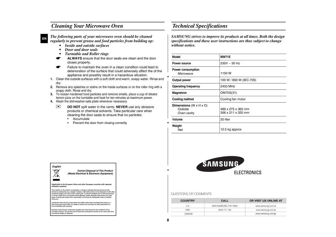 Samsung MW71E/ELE manual Cleaning Your Microwave Oven Technical Specifications, Dimensions W x H x D 