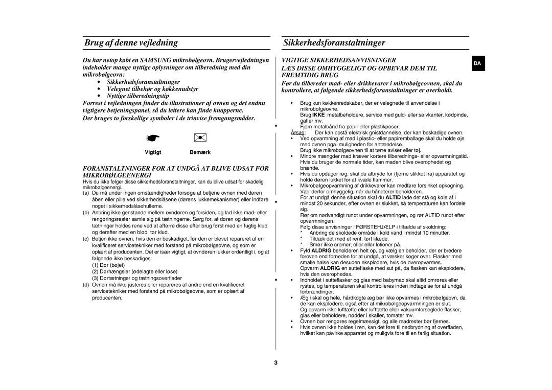 Samsung MW71E/XEE manual Brug af denne vejledning, Sikkerhedsforanstaltninger, Vigtigt Bemærk 