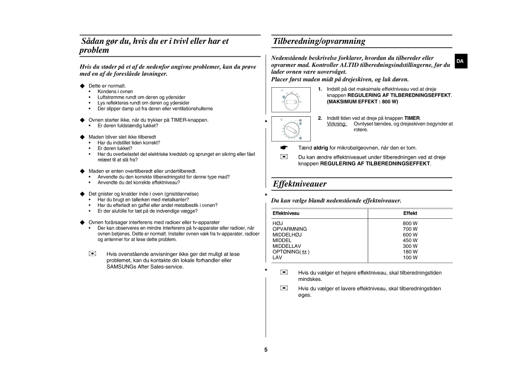 Samsung MW71E/XEE manual Sådan gør du, hvis du er i tvivl eller har et problem, Tilberedning/opvarmning, Effektniveauer 