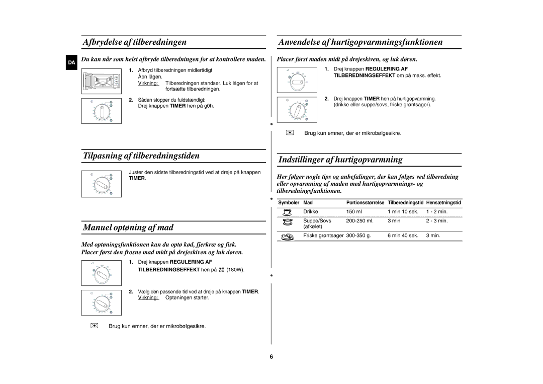 Samsung MW71E/XEE manual Tilpasning af tilberedningstiden, Manuel optøning af mad, Indstillinger af hurtigopvarmning 