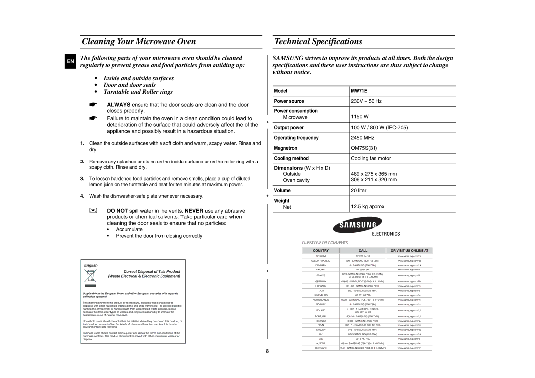 Samsung MW71E/XEE manual Cleaning Your Microwave Oven Technical Specifications, Dimensions W x H x D 