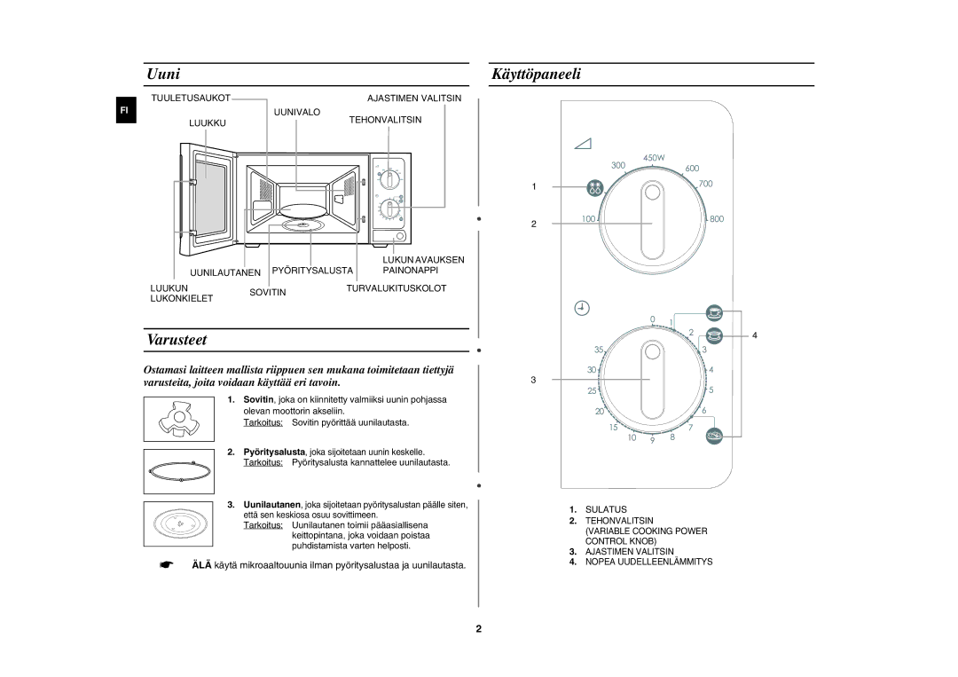 Samsung MW71E/XEE manual Uuni, Varusteet, Käyttöpaneeli, Tarkoitus Pyöritysalusta kannattelee uunilautasta, Sulatus 