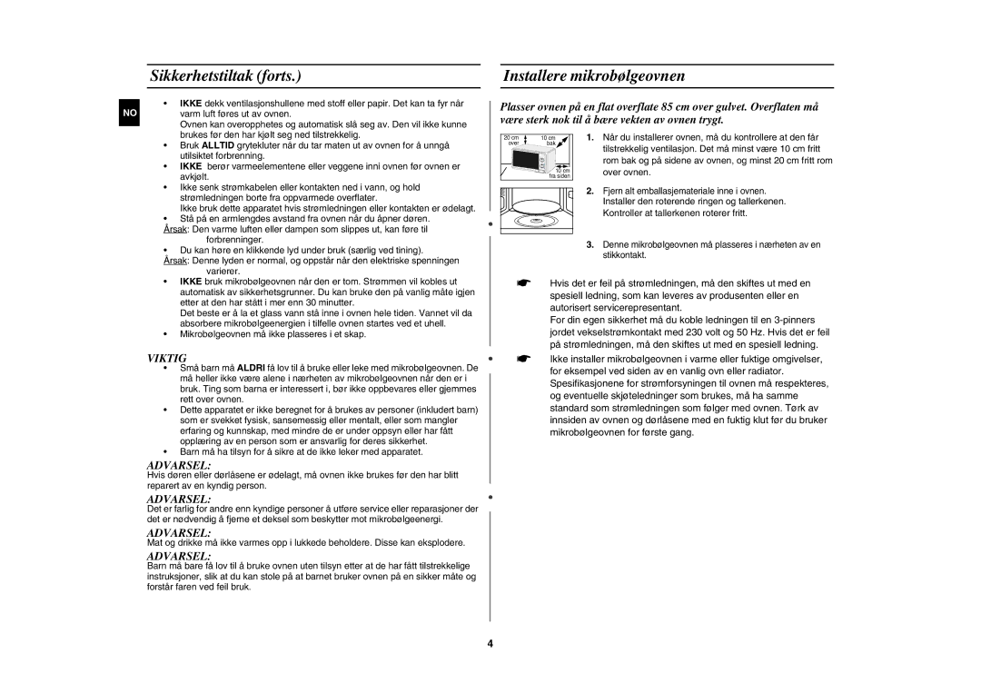 Samsung MW71E/XEE manual Sikkerhetstiltak forts, Installere mikrobølgeovnen 