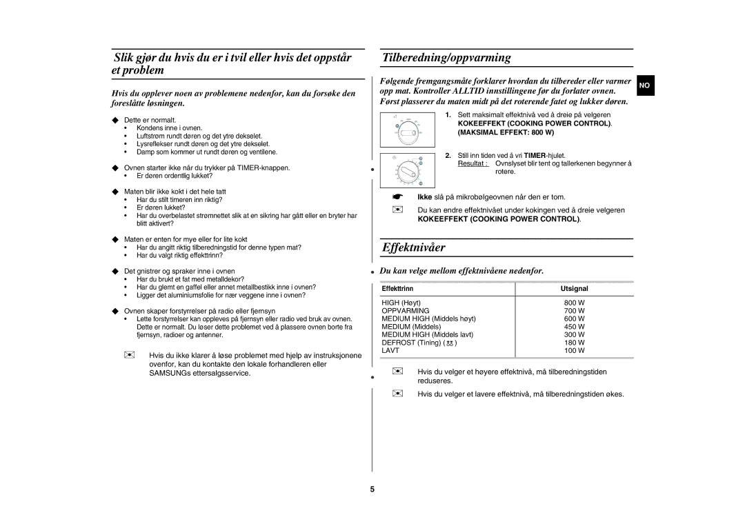 Samsung MW71E/XEE manual Tilberedning/oppvarming, Effektnivåer, Sett maksimalt effektnivå ved å dreie på velgeren, Utsignal 