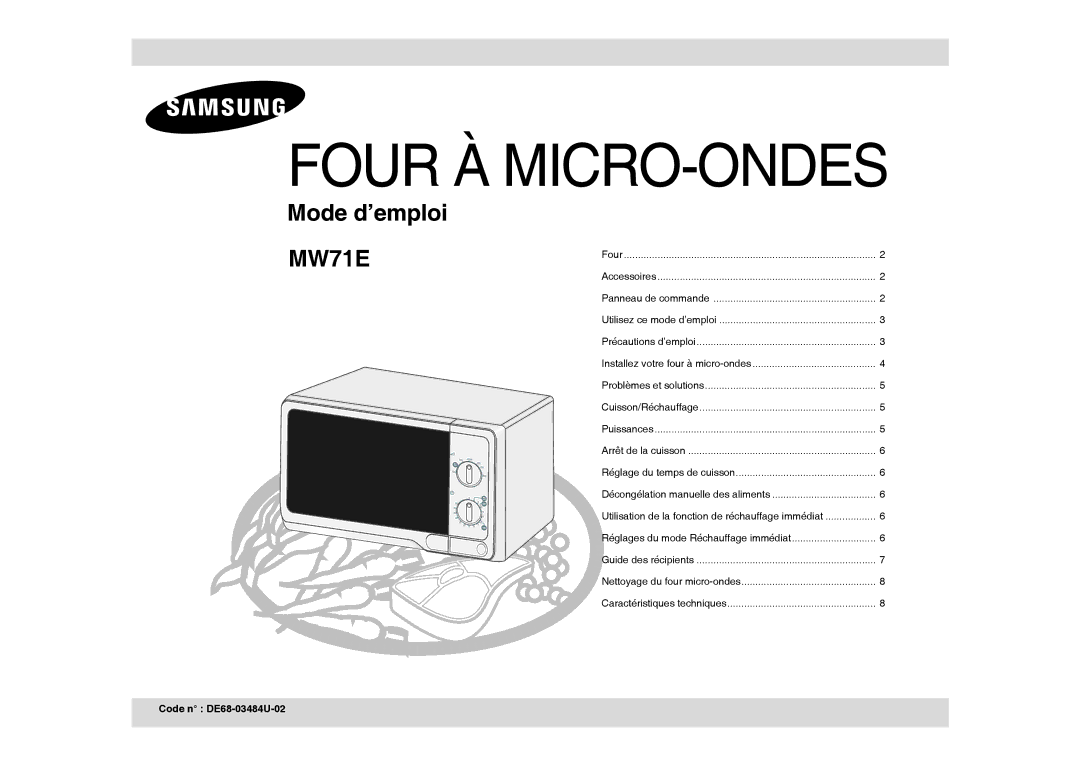 Samsung MW71E-B/XEF, MW71E/XEF manual Four À MICRO-ONDES, Code n DE68-03484U-02 