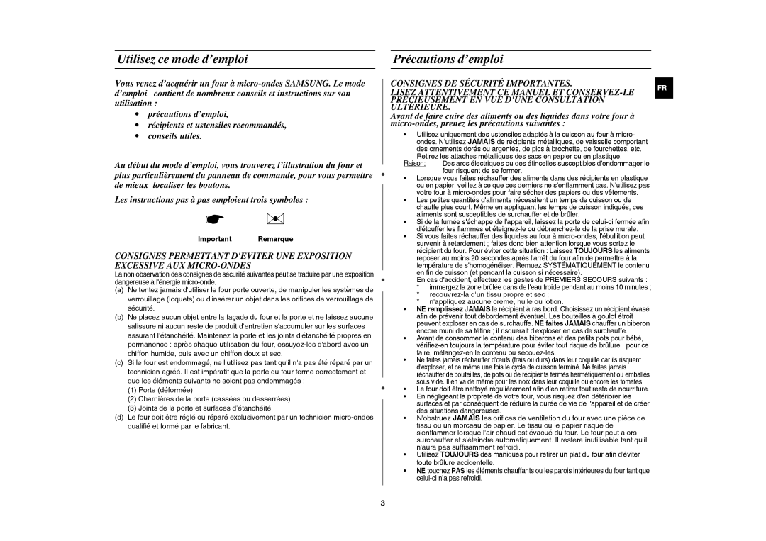 Samsung MW71E-B/XEF, MW71E/XEF manual Utilisez ce mode d’emploi, Précautions d’emploi, Important Remarque 