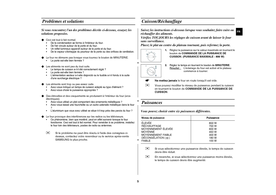 Samsung MW71E-B/XEF, MW71E/XEF manual Problèmes et solutions, Cuisson/Réchauffage, Puissances 
