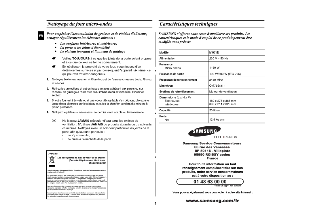 Samsung MW71E/XEF, MW71E-B/XEF manual Nettoyage du four micro-ondes, Caractéristiques techniques, Dimensions L x H x P 