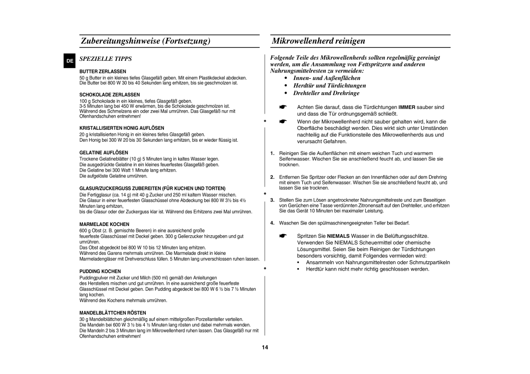 Samsung MW71E/XEG manual Zubereitungshinweise Fortsetzung Mikrowellenherd reinigen, Spezielle Tipps 