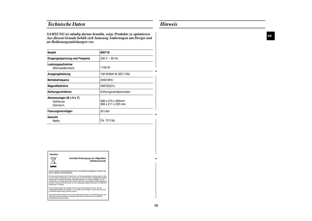 Samsung MW71E/XEG manual Technische Daten Hinweis, Mikrowellenherd, Gehäuse, Garraum, Netto 