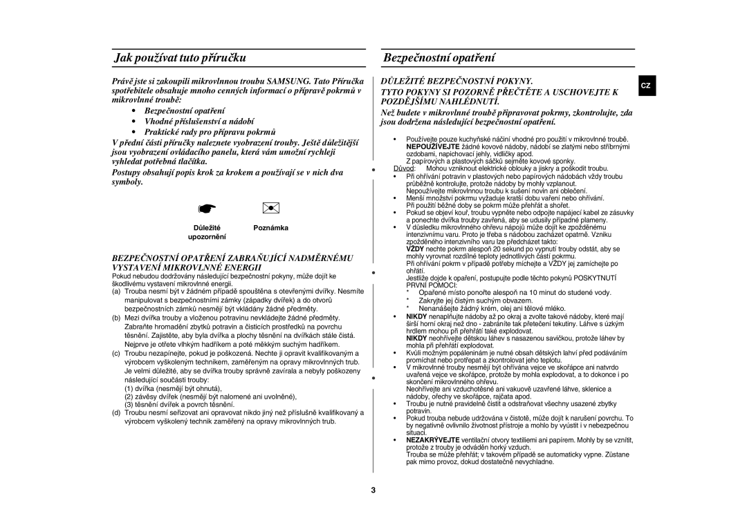 Samsung MW71E/XEH manual Jak používat tuto příručku, Bezpečnostní opatření, DůležitéPoznámka upozornění 