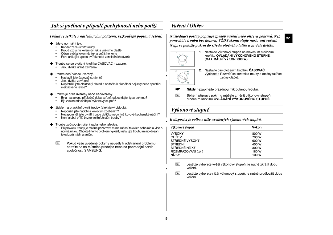 Samsung MW71E/XEH manual Jak si počínat v případě pochybností nebo potíží, Vaření / Ohřev, Výkonové stupně 