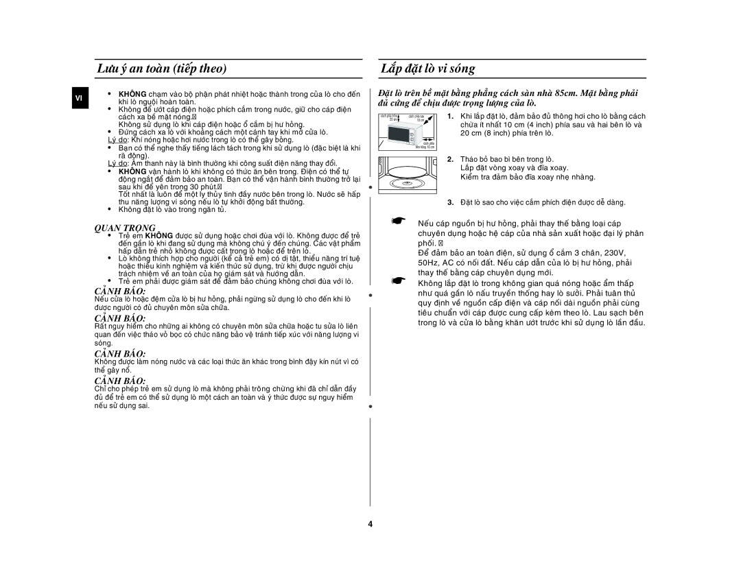 Samsung MW71E/XSV manual Löu yù an toaøn tieáp theo, Laép ñaët loø vi soùng, Quan Troïng, Caûnh Baùo 