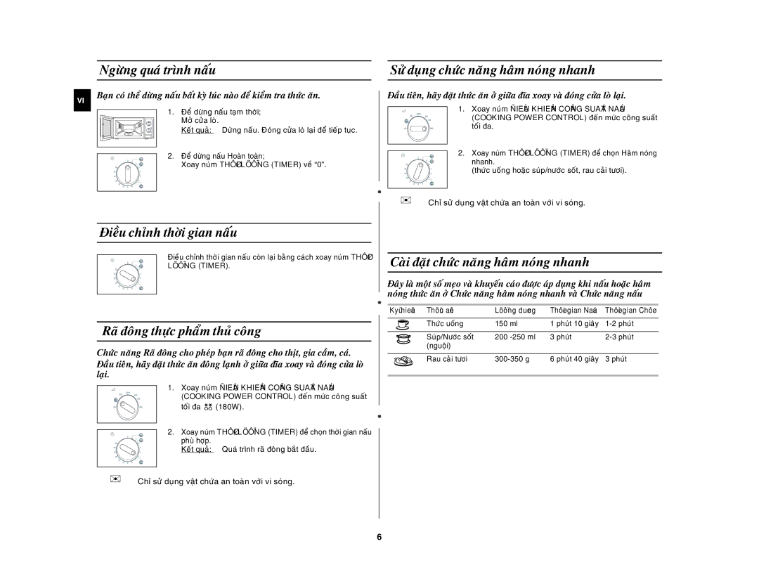 Samsung MW71E/XSV manual Ngöøng quaù trình naáu, Ñieàu chænh thôøi gian naáu, Raõ ñoâng thöïc phaåm thuû coâng 