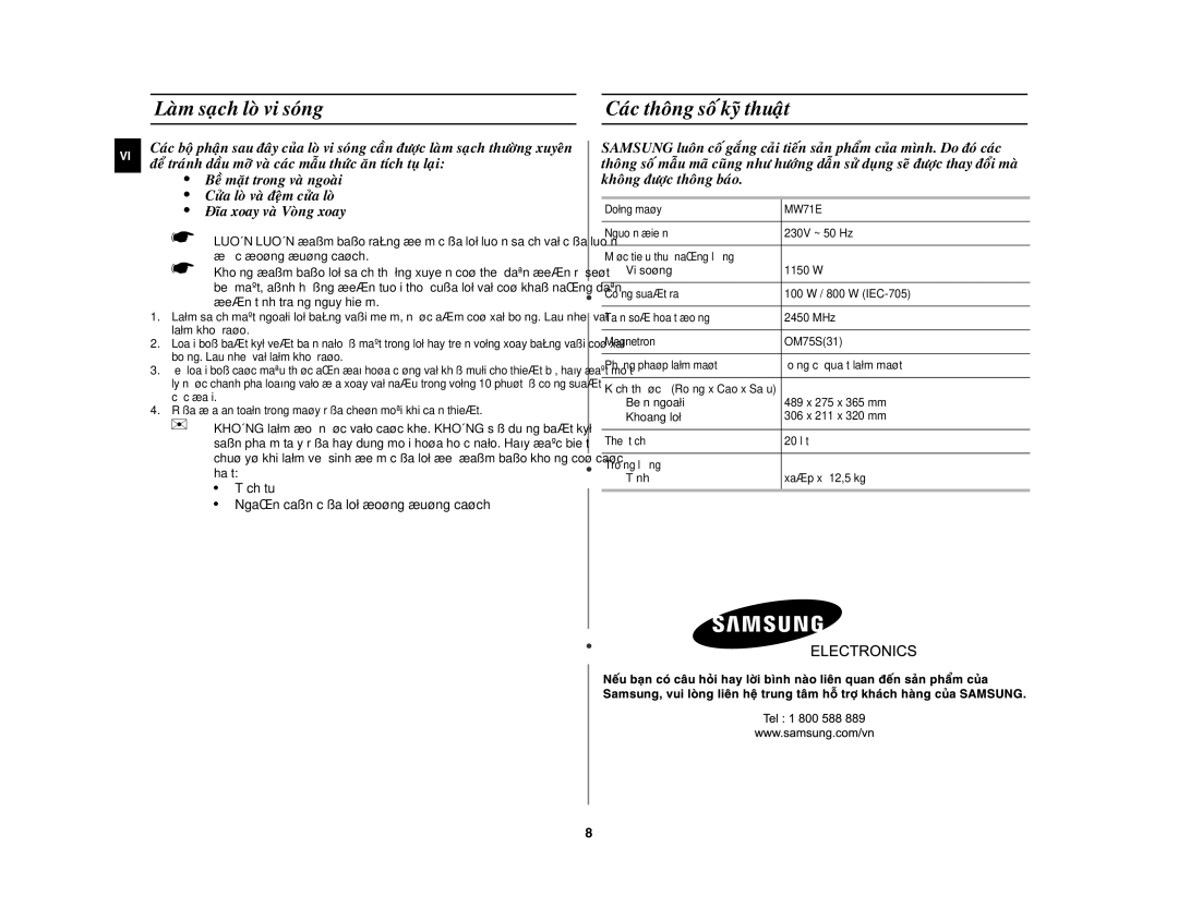 Samsung MW71E/XSV manual Laøm saïch loø vi soùng, Caùc thoâng soá kyõ thuaät 