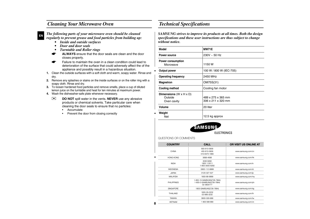 Samsung MW71E/XSV manual Cleaning Your Microwave Oven Technical Specifications, Dimensions W x H x D 