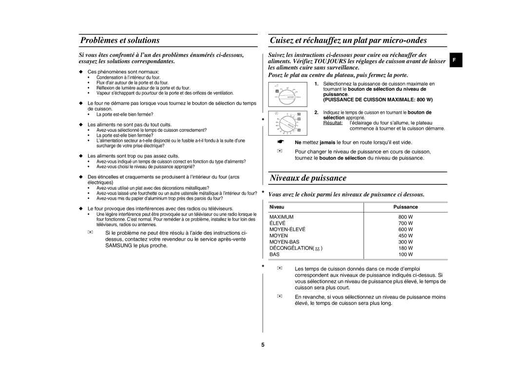 Samsung MW71X/XEF manual Problèmes et solutions, Cuisez et réchauffez un plat par micro-ondes, Niveaux de puissance 