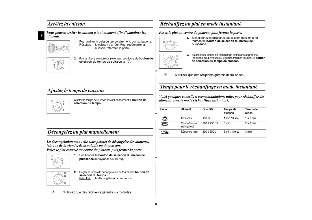 Samsung MW71X/XEF manual Arrêtez la cuisson, Ajustez le temps de cuisson, Décongelez un plat manuellement 
