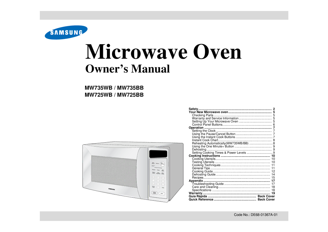 Samsung MW735WB, MW725WB, MW725BB manual Microwave Oven 