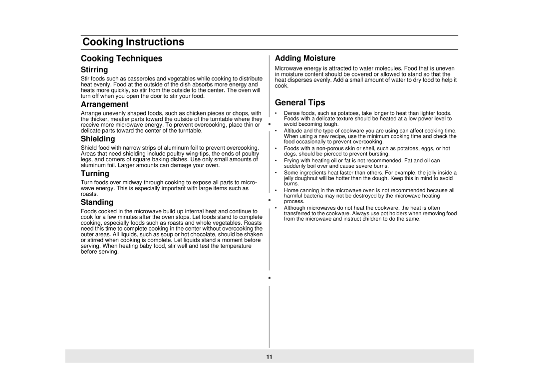 Samsung MW725BB, MW725WB, MW735WB manual Cooking Techniques, General Tips 