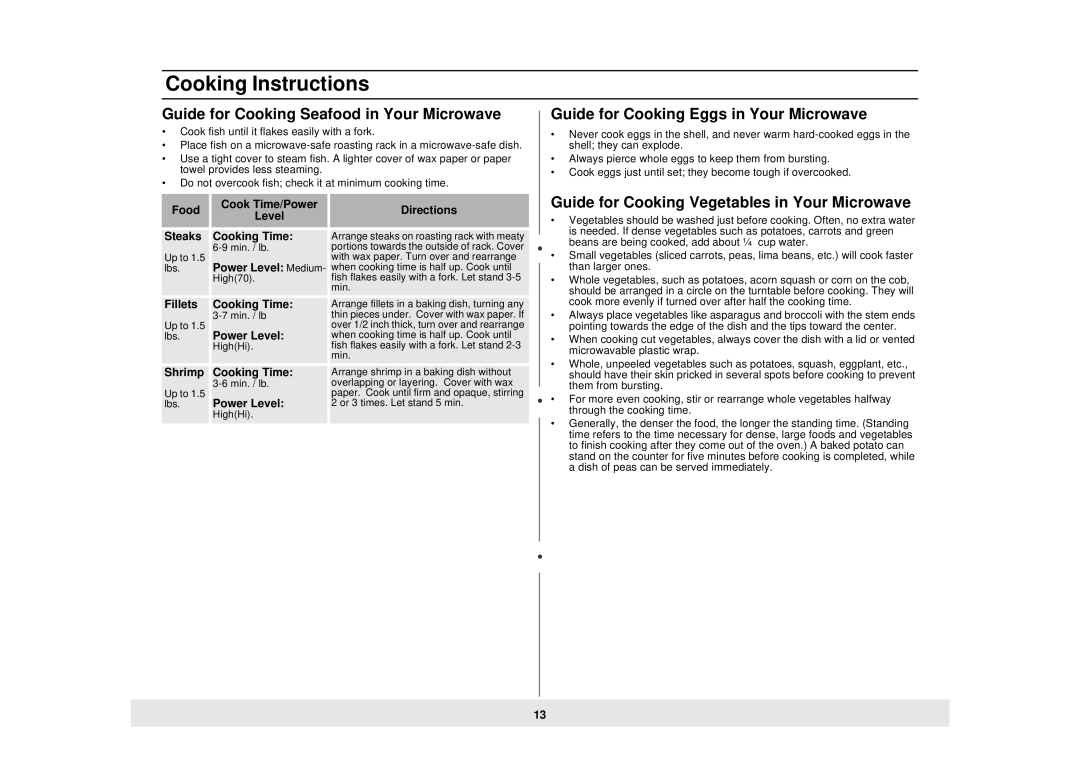 Samsung MW735WB, MW725WB, MW725BB Guide for Cooking Seafood in Your Microwave, Guide for Cooking Eggs in Your Microwave 