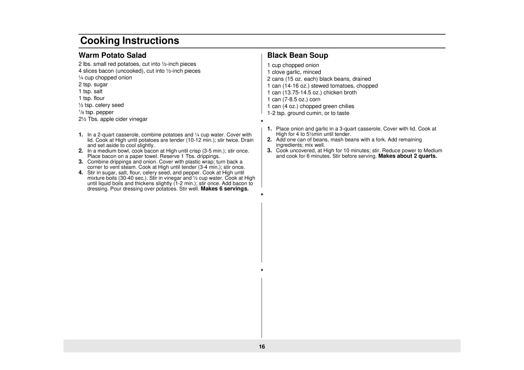 Samsung MW735WB, MW725WB, MW725BB manual Warm Potato Salad, Black Bean Soup 