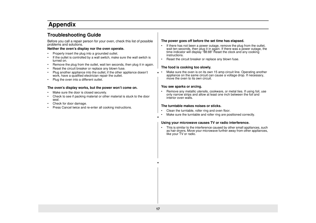 Samsung MW725BB, MW725WB, MW735WB manual Appendix, Troubleshooting Guide 