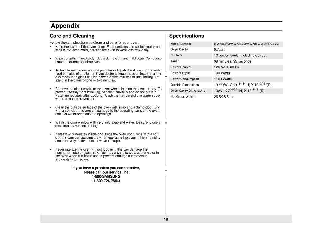 Samsung MW725WB, MW735WB, MW725BB manual Care and Cleaning, Specifications 