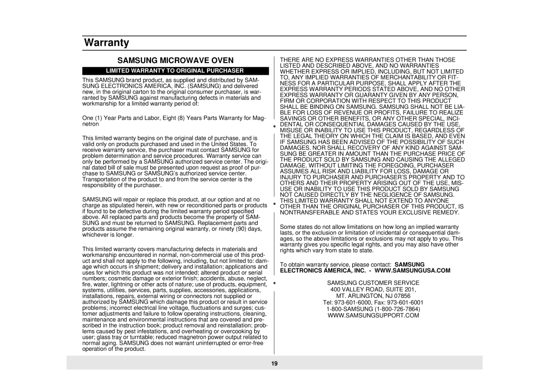 Samsung MW735WB, MW725WB, MW725BB manual Warranty, Samsung Microwave Oven 