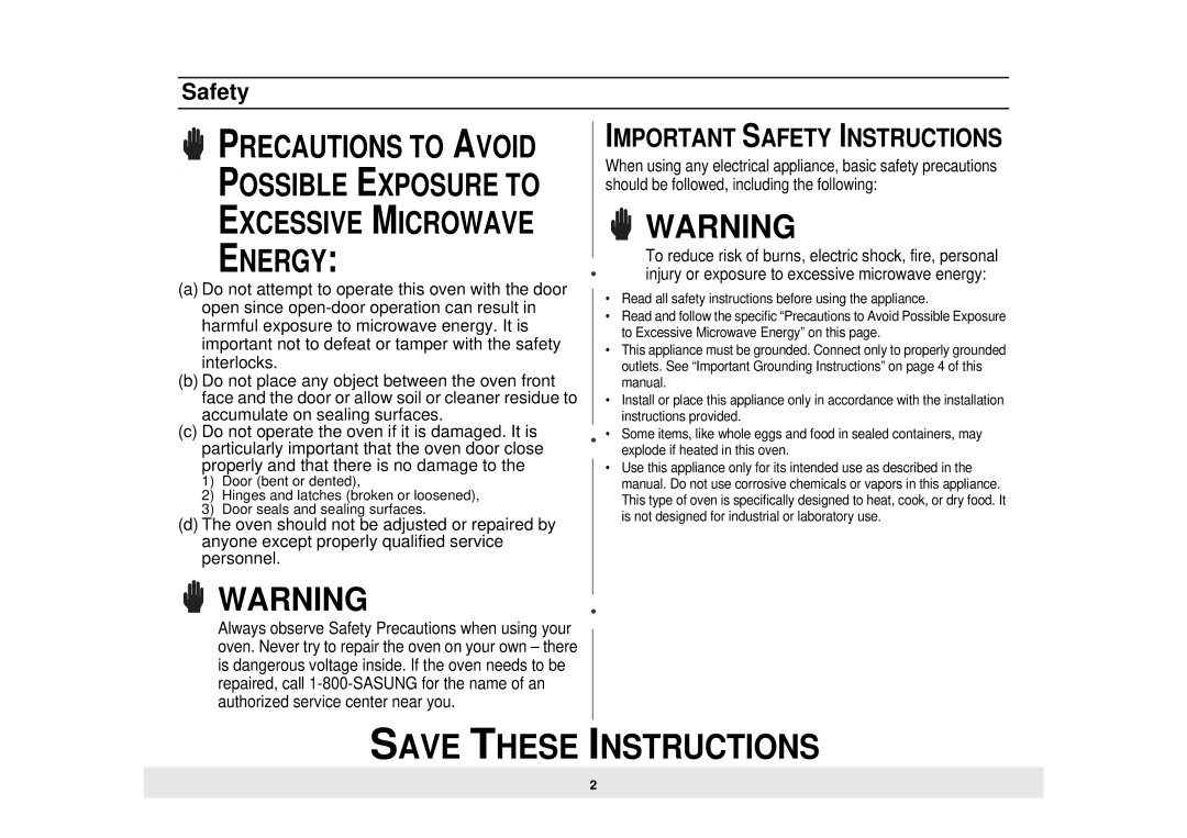 Samsung MW725BB, MW725WB, MW735WB manual Important Safety Instructions 