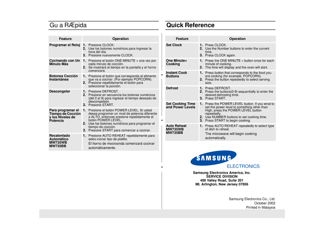 Samsung MW735WB Feature Operation Programar el Reloj, Cocinando con Un, Minuto Más, Botones Cocción, Instantánea, Potencia 