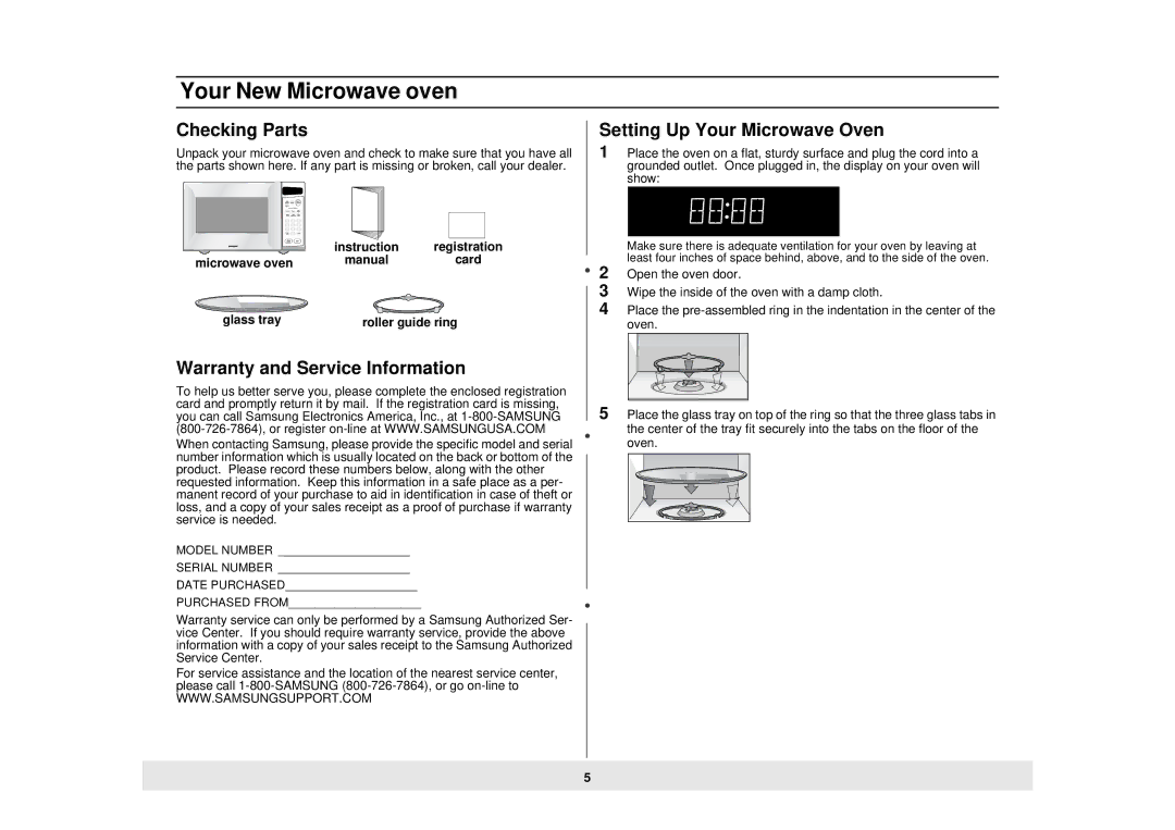 Samsung MW725BB Your New Microwave oven, Checking Parts, Warranty and Service Information, Glass tray Roller guide ring 