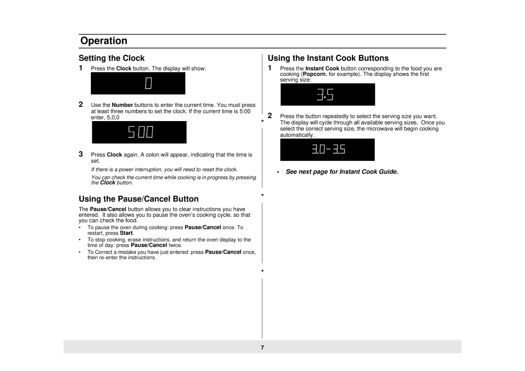 Samsung MW735WB, MW725WB manual Operation, Setting the Clock, Using the Pause/Cancel Button, Using the Instant Cook Buttons 