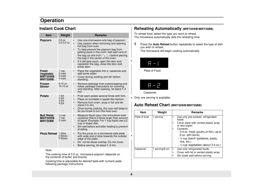 Samsung MW725BB, MW725WB Instant Cook Chart, Reheating Automatically MW735WB/MW735BB, Auto Reheat Chart MW735WB/MW735BB 