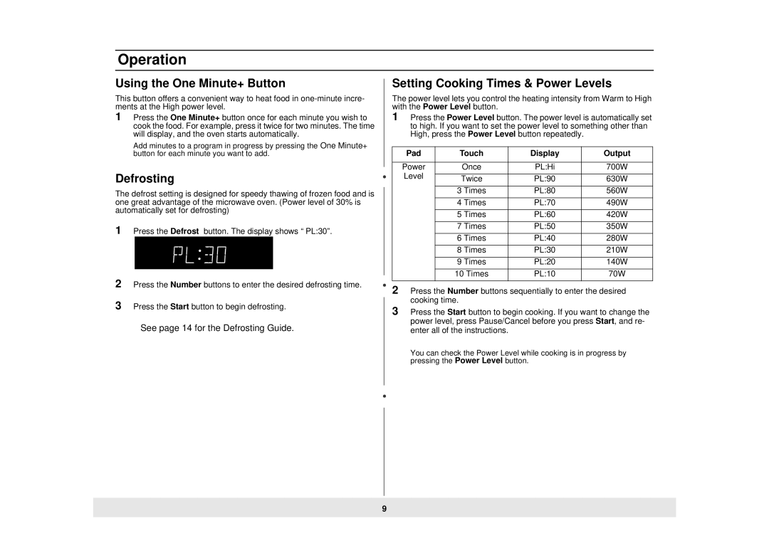 Samsung MW725WB Using the One Minute+ Button, Defrosting, Setting Cooking Times & Power Levels, Pad Touch Display Output 