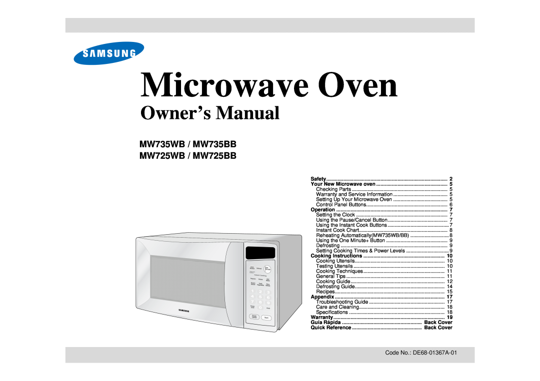Samsung manual MW735WB / MW735BB MW725WB / MW725BB, Microwave Oven, Owner’s Manual, Back Cover, Quick Reference, Safety 