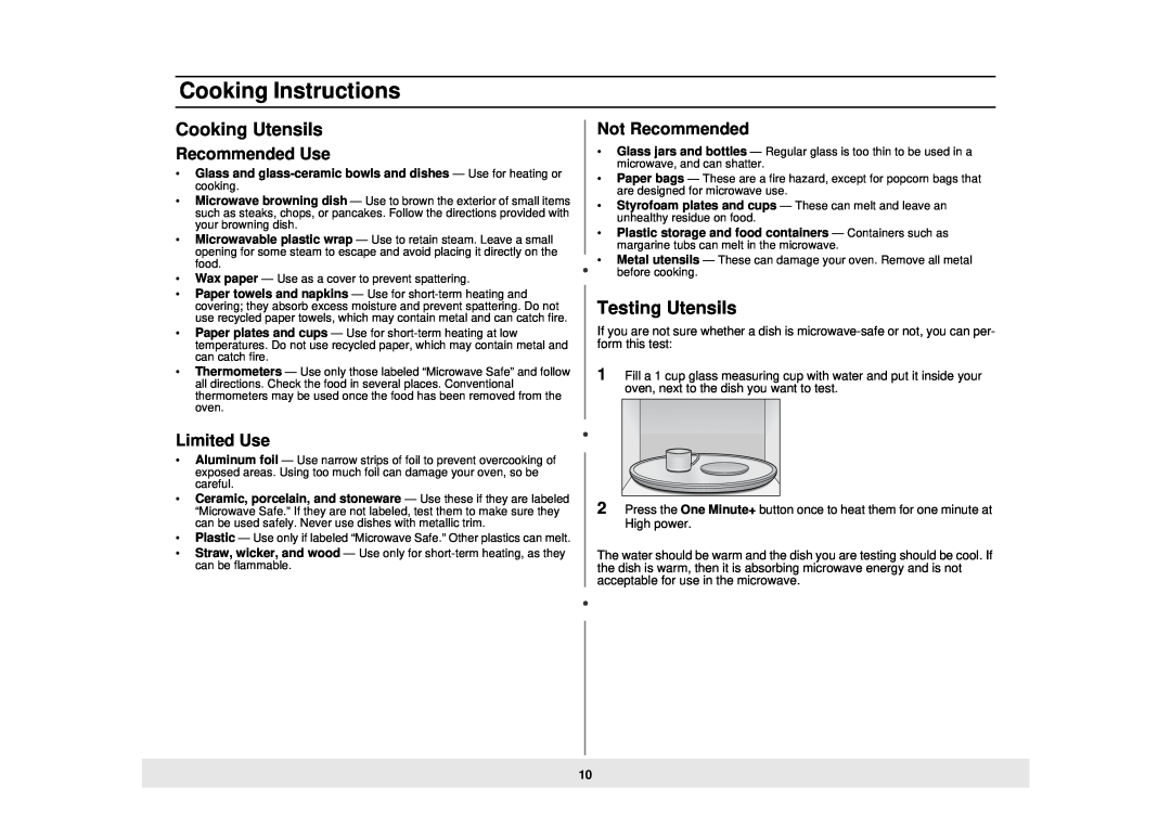 Samsung MW735WB Cooking Instructions, Cooking Utensils, Testing Utensils, Recommended Use, Limited Use, Not Recommended 
