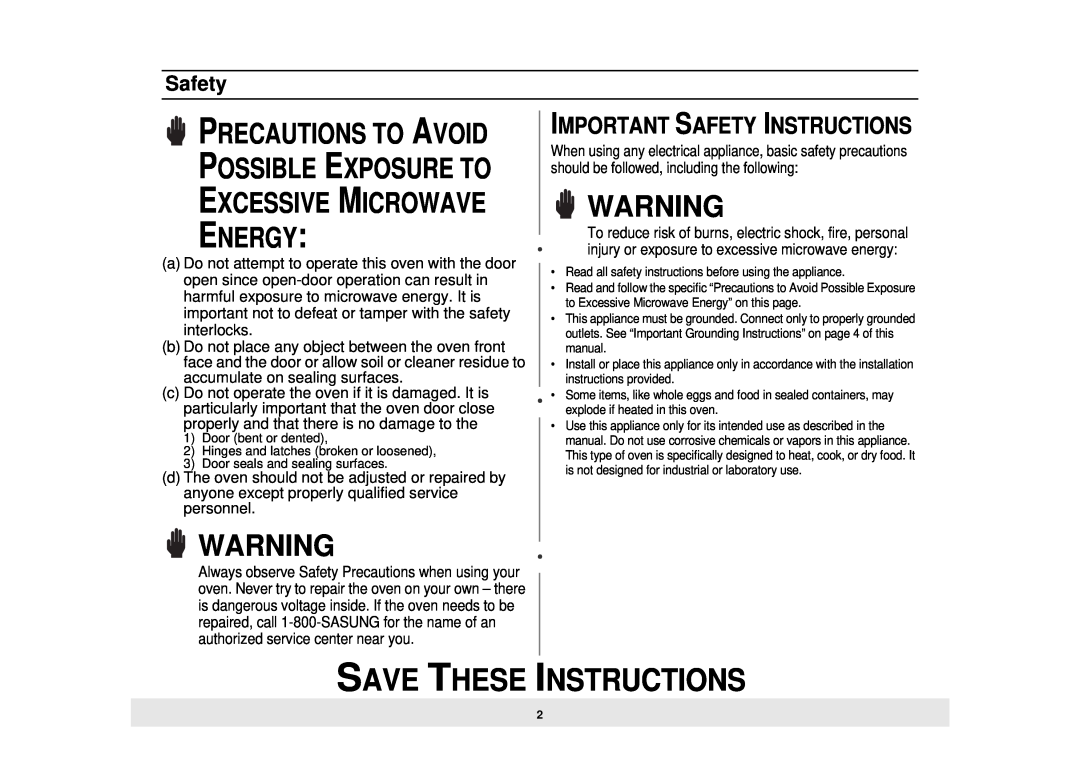 Samsung MW725BB, MW725WB, MW735WB manual Save These Instructions, Important Safety Instructions 