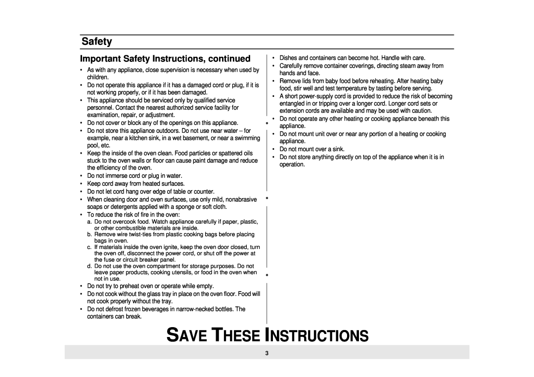 Samsung MW725WB, MW735WB, MW725BB manual Important Safety Instructions, continued, Save These Instructions 