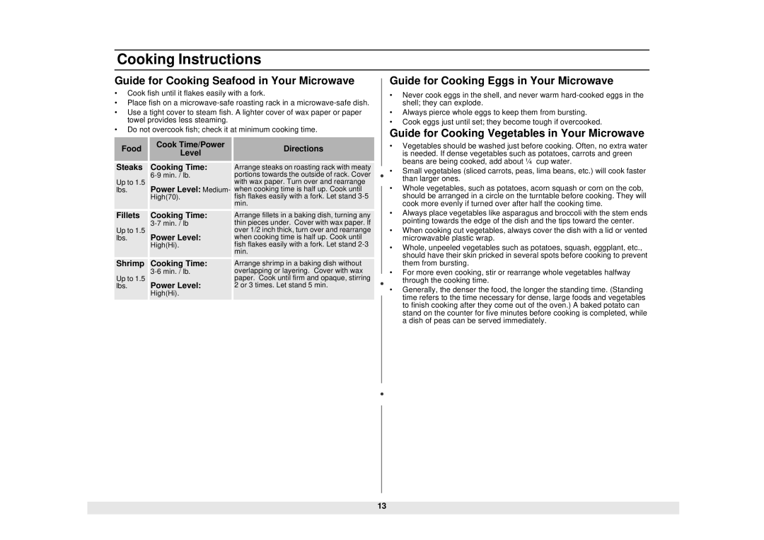 Samsung MW730BB, MW730WB manual Guide for Cooking Seafood in Your Microwave, Guide for Cooking Eggs in Your Microwave 