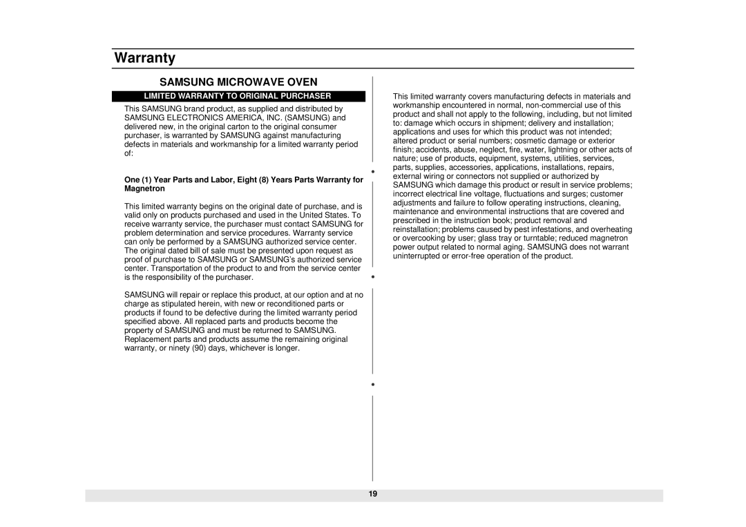 Samsung MW730BB, MW730WB manual Warranty, Samsung Microwave Oven 