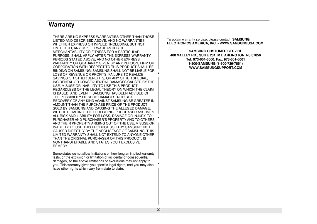 Samsung MW730WB, MW730BB manual Tel 973-601-6000, Fax Samsung 