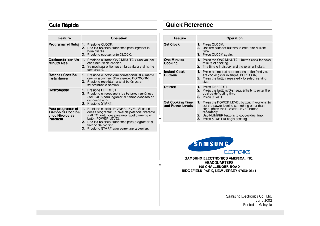 Samsung MW730WB, MW730BB manual Guía Rápida Quick Reference 