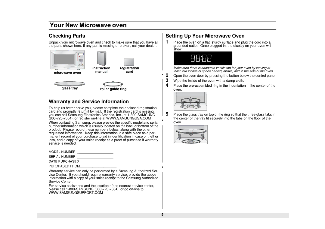 Samsung MW730BB, MW730WB manual Your New Microwave oven, Checking Parts, Warranty and Service Information 